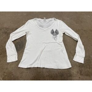 Harley-Davidson Shirt Womens Medium White V Neck Long Sleeve Graphic Eagle Biker